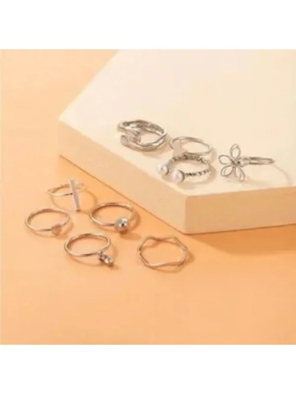 Silver Geometric 9pc Pearl Ring Set